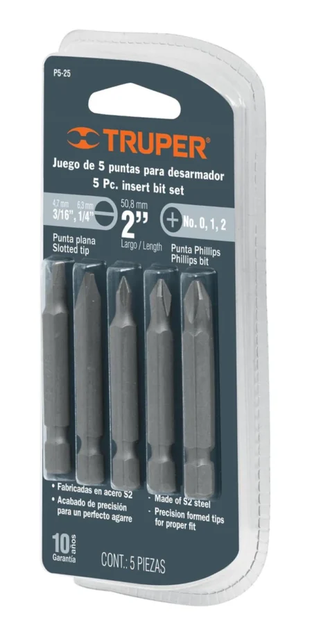 JUEGO DE 5 PUNTAS 3 CRUZ 2 PLANOS PARA DESARMADOR TRUPER PUDE-1001 2 PULGADAS DIFERENTES CADA UNA